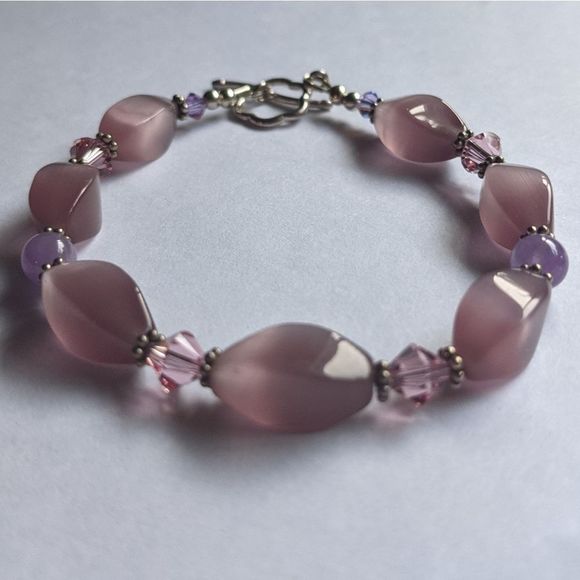 Handmade Pink Cat's Eye Glass, Amethyst Beads, & Sterling Silver Bracelet - Picture 1 of 8